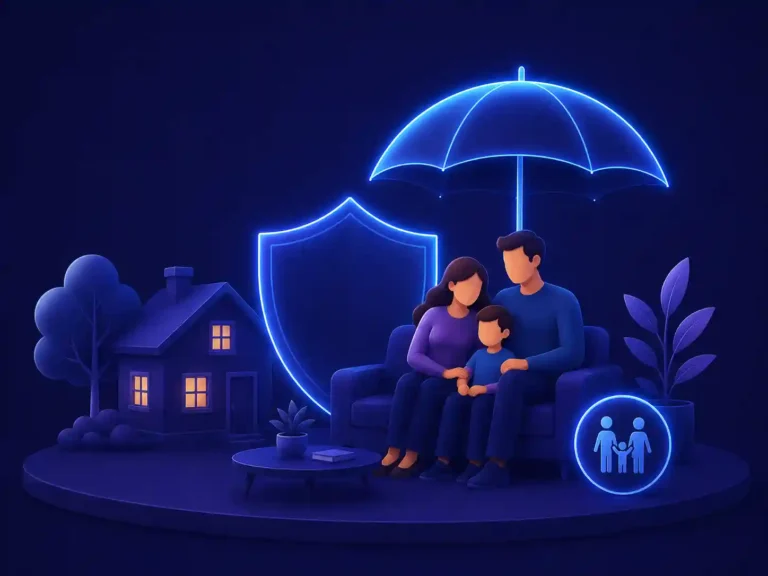 A 3D digital illustration of a family sitting on a sofa under a glowing neon umbrella, next to a small house and a bright blue security shield symbol.