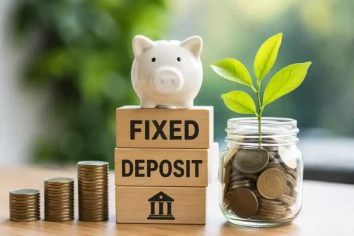 Fixed Deposit (FD) investment concept showing savings growth with piggy bank, coin stacks and financial planning