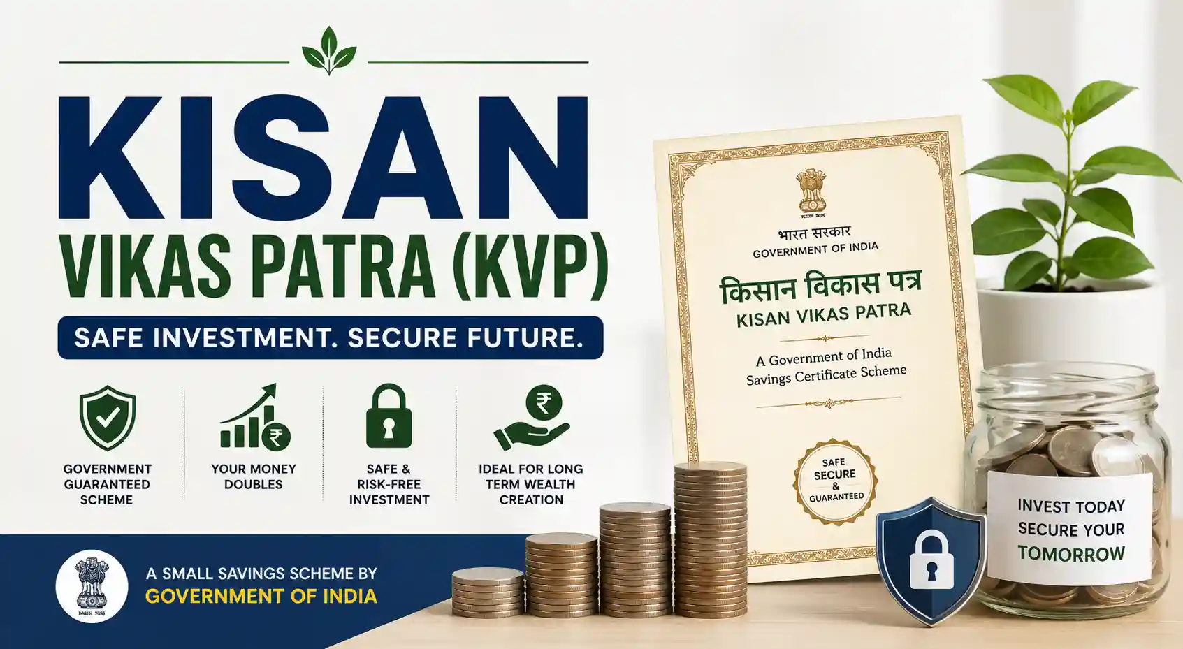 Kisan Vikas Patra KVP government savings scheme investment certificate with secure long term investment concept