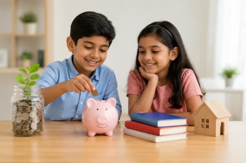 Children saving money in a piggy bank for a child education insurance plan and future education expenses in India.