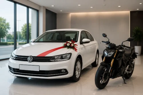 New car and motorcycle in a showroom with delivery ribbon representing vehicle insurance in India