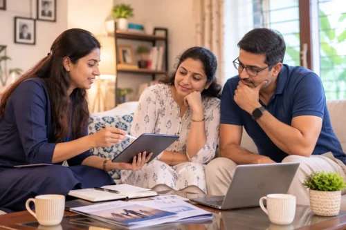 Professional life insurance advisor consulting a family at home and explaining financial protection plans with a digital tablet.