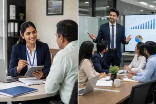 Insurance Advisor consulting a client and Insurance Leader mentoring a team in a professional office environment.